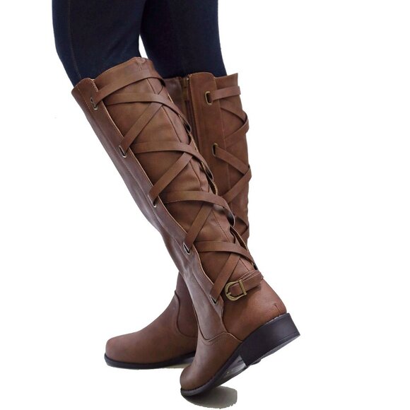 New Women Brown Strappy Buckle Knee High Riding Boots - Picture 4 of 4